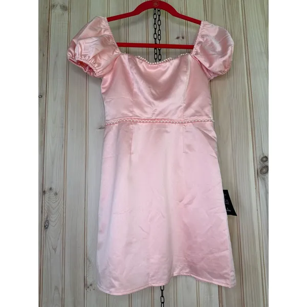 NWT Lulus Adorable Poise Peach Pink Pearl Puff Sleeve Mini Dress Party Size XS - Image 2