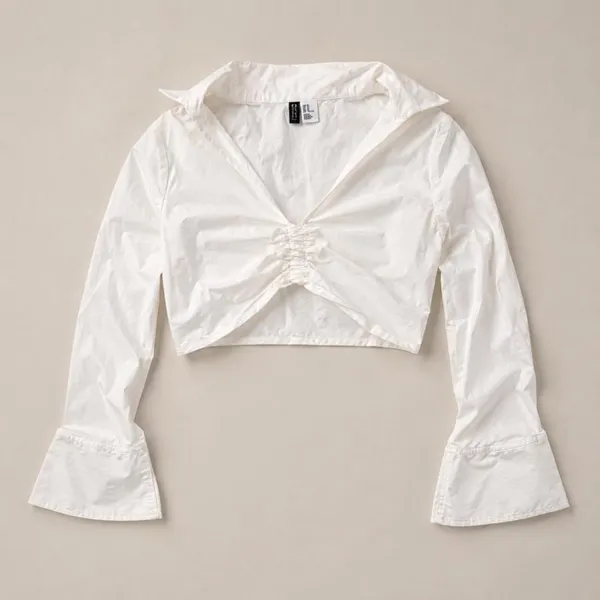H&M Divided White Ruched Bell Sleeve Crop Top Y2K Coquette M - Image 5