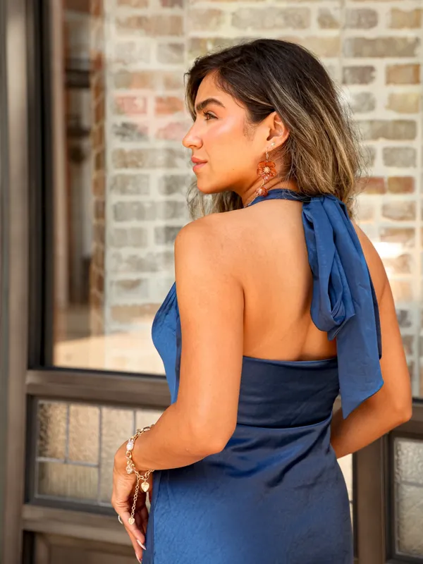 Altar’d State mini Navy Blue, satiny fabric, Cowl Neck Dress Sz XXS - Image 2
