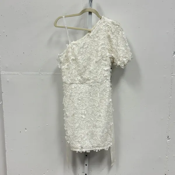 Adrianna Papell One Shoulder 3D Floral Applique Mini Dress White Bridal Wedding - Image 3
