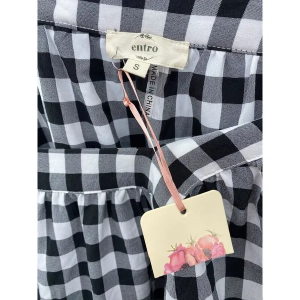 Entro Black and Off White‎ Gingham Print Woven Top NWT Small Checker 3/4 Sleeve - Image 8