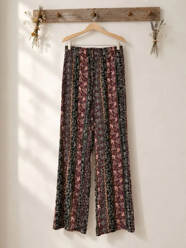 dressbarn Burgundy & Black Boho Wide-Leg Paisley Pants - Image 3