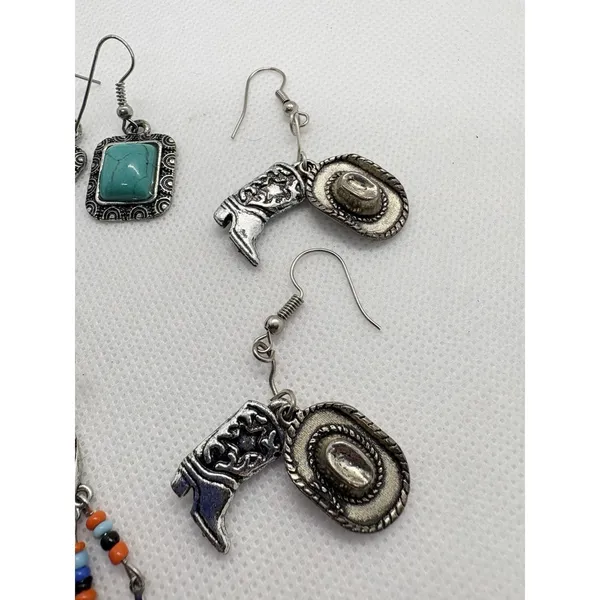 Southwest Western Earrings Lot‎ of 4 Silver Tone Turquoise Cowboy Fringe Dangle - Image 4