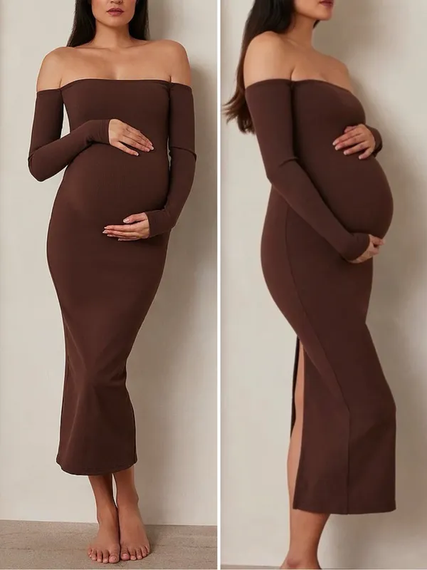 NWT Bumpsuit Sculpting Rib Off Shoulder Maternity Dress XS Brown Bodycon Midi - Image 15