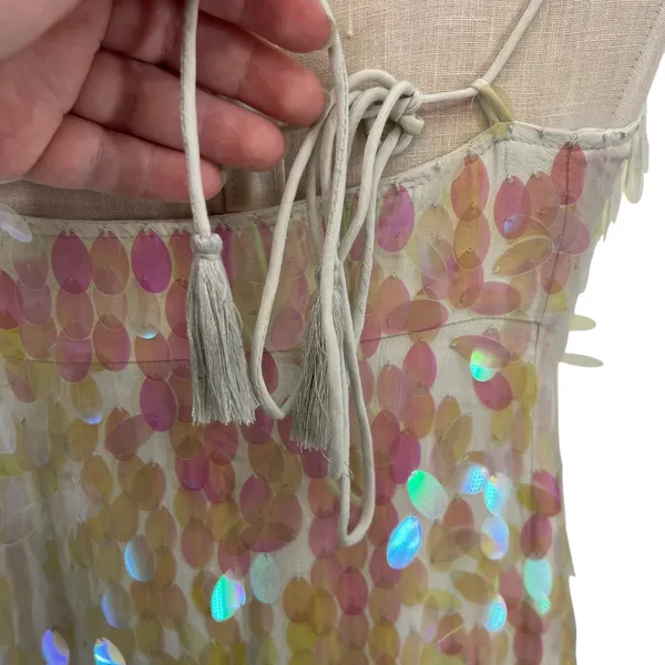 Free People Mermaid‎ Mini Dress Sequin Iridescent Cream White Pink Size 2 - Image 11
