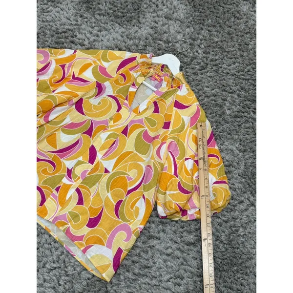 THML Women’s Yellow Pink Abstract Swirl Puff Sleeve V-Neck Blouse Top Size M - Image 11