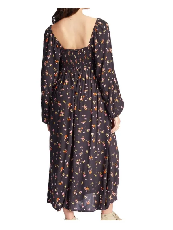 Billabong Black Floral Tie-Front Long Sleeve Boho Peasant Style Midi Dress XS - Image 2