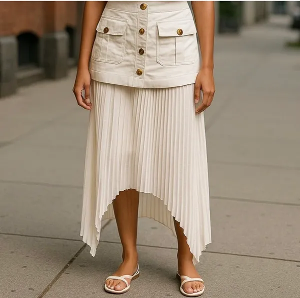Commence Patchwork Asymmetrical Pleated Buttoned Midi Skirt - Image 5