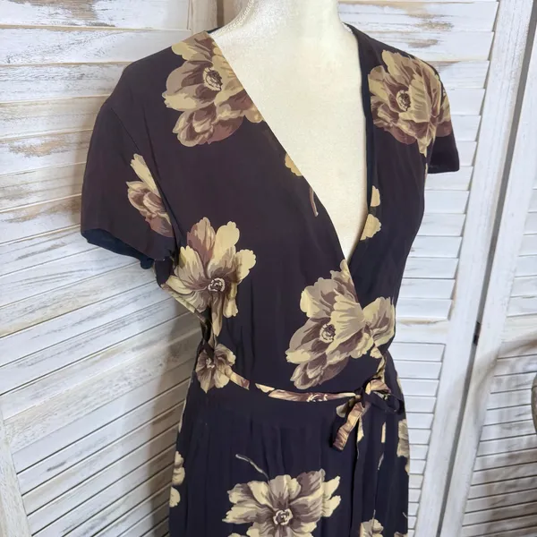 J. CREW VINTAGE Women's 6 Floral Wrap Maxi Dress Flutter Sleeve Brown 90s Y2K - Image 7