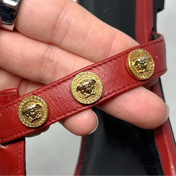 VERSACE Medusa Logo Studded Leather Thong Slide Flat Sandal Shoes Red Gold 38 - Image 2