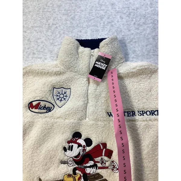 Disney Mickey Mouse Winter Sports Sherpa Fleece Quarter Zip Pullover Off White S - Image 2