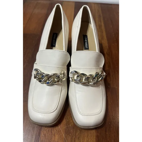 NINE WEST Loafer Chunky Heeled Chain Accent Off-White Shoes Women’s 9M Academia - Image 3