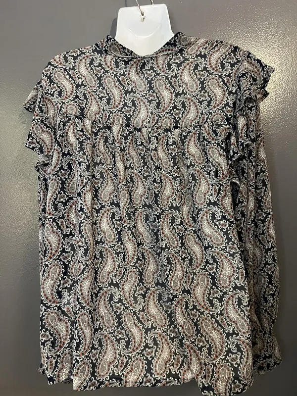Banana Republic Blouse Womens XL Black Paisley Ruffle Henley Long Sleeve Top - Image 8