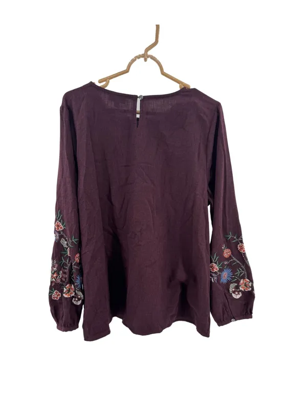 J. Jill Deep Plum maroon embroidered Long-Sleeve Round Neck top boho fall L - Image 2