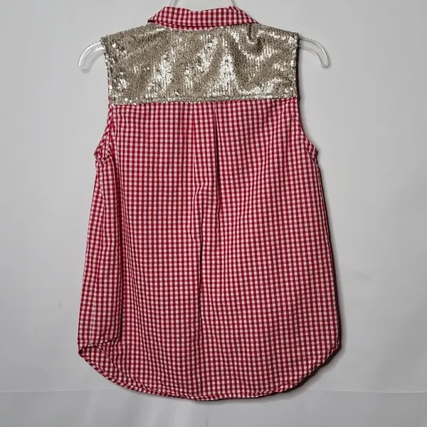 Ariat western gingham checkered plaid red white button down sequins top sz S - Image 5
