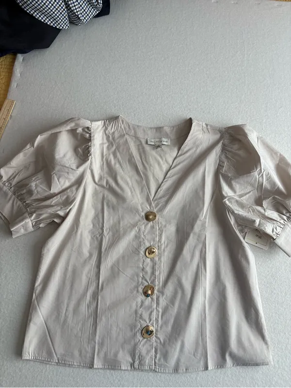 Women's Cream V-Neck Button Front Puff Sleeve Blouse - Image 6