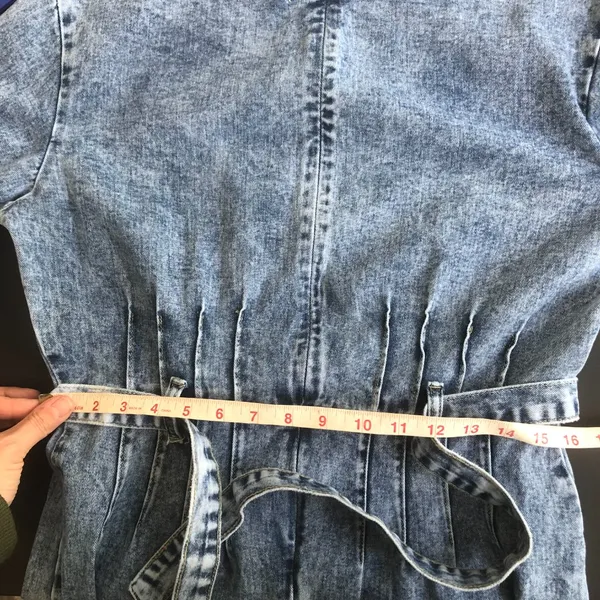 Redial Denim Dress Women Large Blue Good Acid Wash Long Puff Sleeve Mini Belted - Image 8