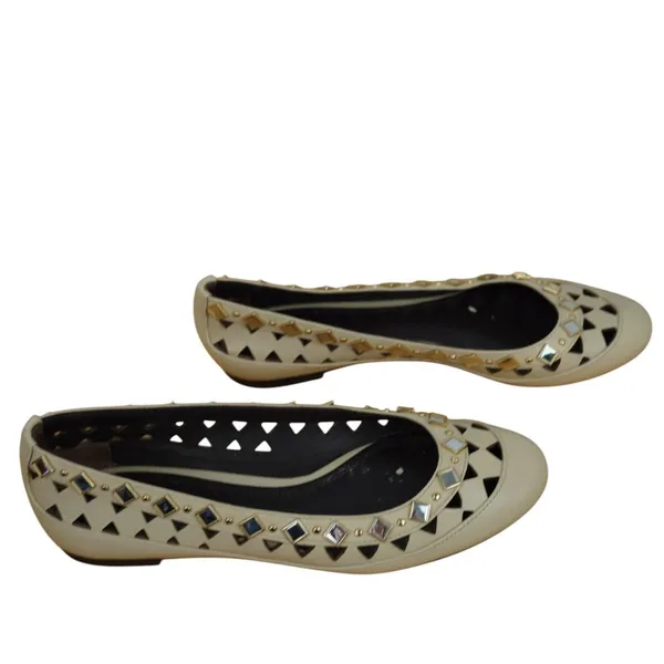Tory Burch Flats Women Size 5 Cream Leather Studded Laser Cut Out Mirror Work - Image 4