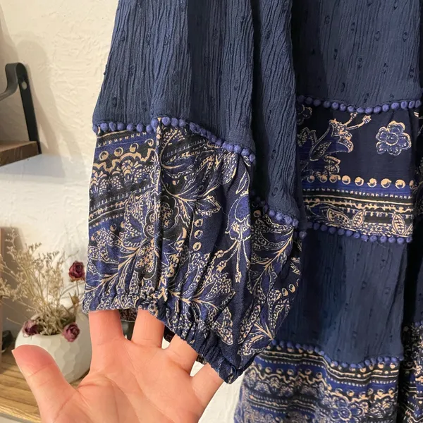 Free People My Love Mini Navy Paisley V-Neck Long Sleeve Tiered Dress Medium - Image 7