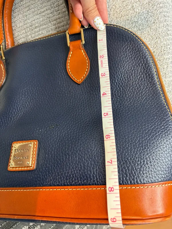 Dooney & Bourke Pebbled Leather Dome Satchel Bag Navy Blue Brown Trim - Image 12