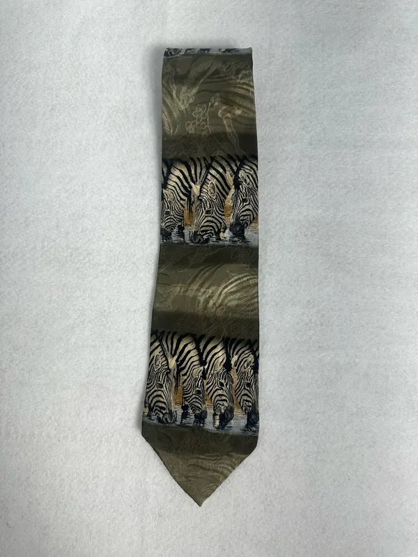 Endangered Species Mens Tie Silk Art Zebras At The Waterhole Necktie Vintage - Image 5