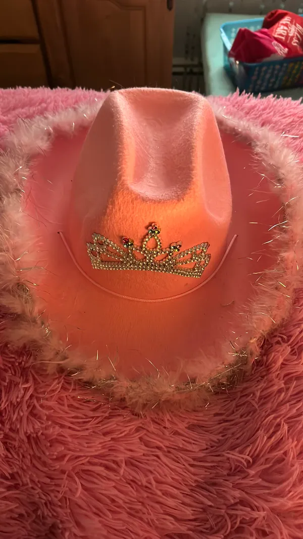 Handmade Fluffy Pink Crown Cowboy Hat - Image 3