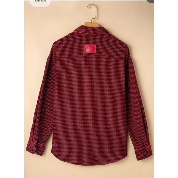 NEW Houndstooth Shacket Jacket Long Sleeve Button Down Shirt XL Red - Image 2