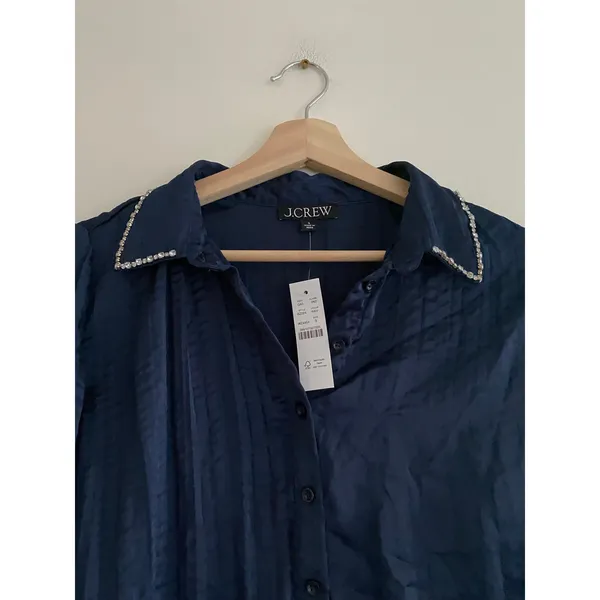 J. CREW NWT Crystal Embellished Navy Blue Shirt in Crinkle Satin Size Small - Image 6