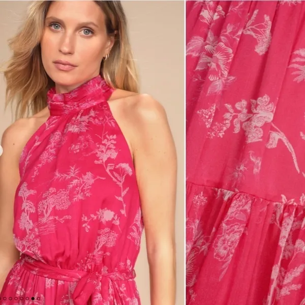 LULU's Floral Sexy Flowy Chic Halter Neck Modern Hot Pink Midi Dress NWOT - Image 3