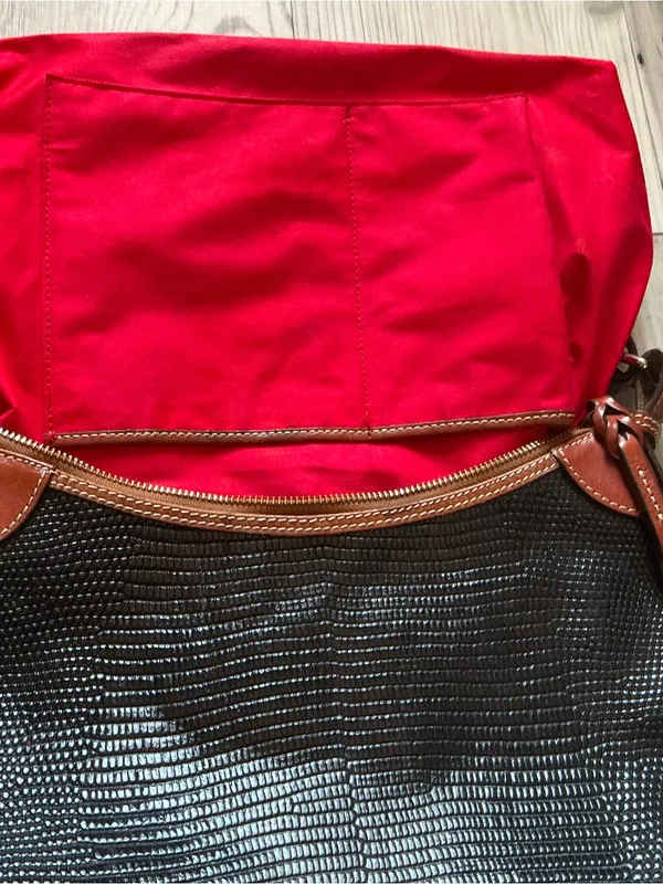 Dooney & Bourke black lizard embossed with rich brown leather hobo bag purse - Image 15