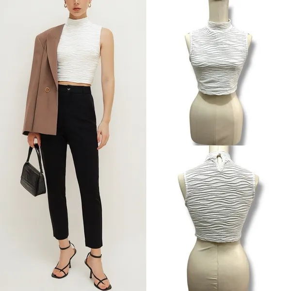 298 Cider | EUC White Textured Mock Neck Sleeveless Crop Top (size XS) - Image 2