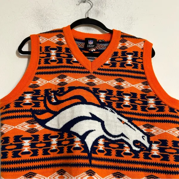 Denver Broncos NFL Aztec Print Orange Sweater Vest Medium Football Fall Preppy - Image 2