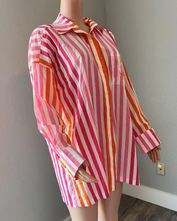Beach Riot Womens Sz L/XL Top Pink Orange Stripe Swim Cover Up Button Up #148 - Image 3