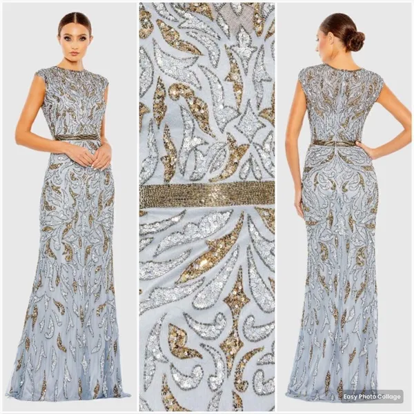 Mac Duggal Size 12 Silver Gray Gold Beaded Cap Sleeve Column Gown Maxi Dress - Image 2