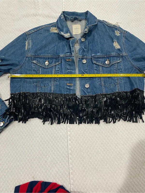 Zara Light Blue Distressed Denim Jacket with Black Fringe Detail - Image 3