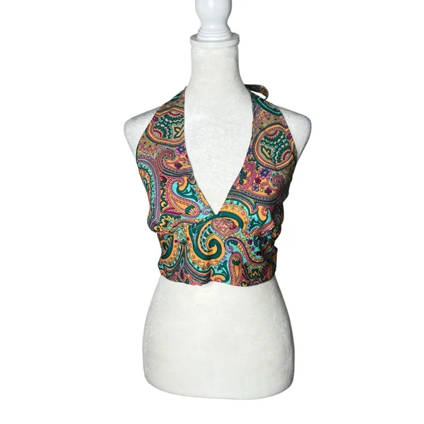 Reversible Paisley Halter Crop Top Bohemian Festival Coachella Sz S/M Silk Y2K - Image 2