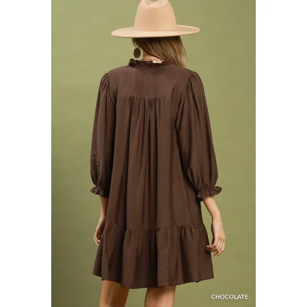 Umgee Smocked Ruffle Detail Tiered Mini Dress - Chocolate - Small - Image 3