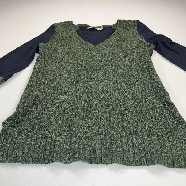 Pilcro and the Letterpress Dually Clad Wool Cable Knit Sweater Green/Navy Size L - Image 10