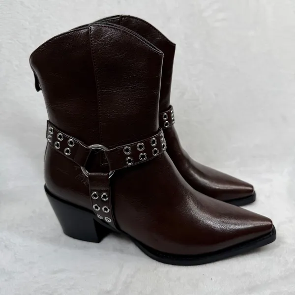 Lulus Dark‎ Brown Faux Leather Harness Western Ankle Boots Pointed Toe Zip 8 - Image 5