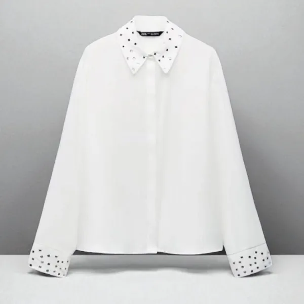 NWT ZARA Embellished Long Sleeve Chiffon Button Up Shirt White Medium - Image 5