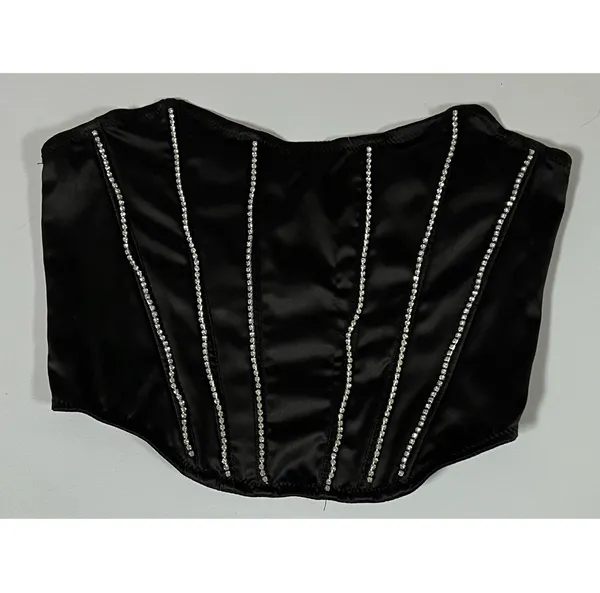 Black Satin Silk Diamond Diamonds Corset Bustier Crop Top Shirt Blouse Size M 💎 - Image 2