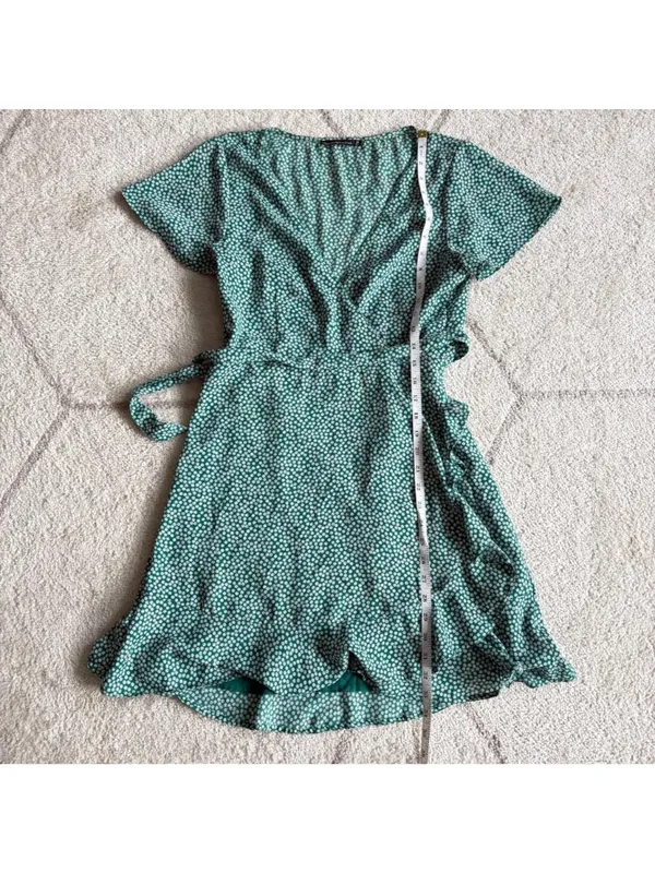 Abercrombie & Fitch Green Floral Wrap Dress Cottagecore Mini Ruffle Hem Sz M - Image 2