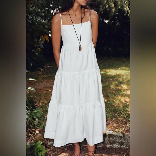 ZARA White Poplin Tiered Maxi Dress - Open Back Tie - Size L - Image 11