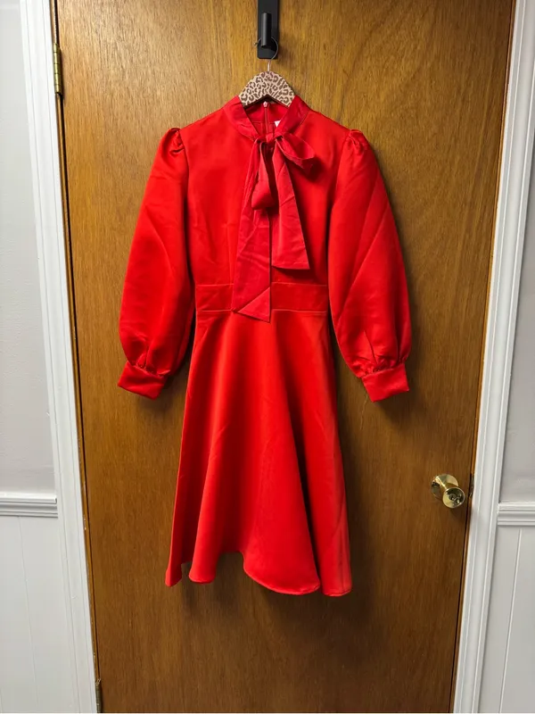 Ivy City Co. Pippa Long Sleeve Tie Bow Neck Knee Length Dress Satin Red XXS NEW - Image 16
