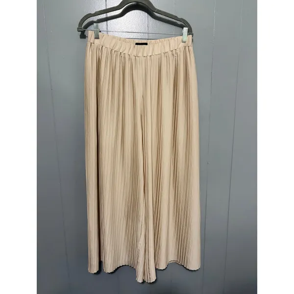 Express Beige Pleated High Rise Wide Leg Crop Pull On Elegant Chic Pants M - Image 3