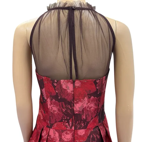 Maggy London Red Jacquard Cocktail Wedding Guest Illusion Yoke Dress Womens 16 - Image 7
