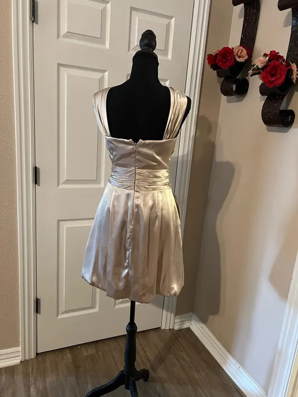 Gold beige cocktail evening wedding guest dress - Image 3