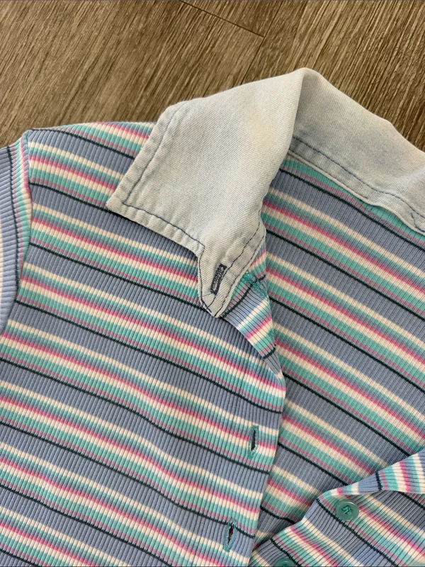 Vintage Y2K striped button front collared shirt sleeve top blue pink small - Image 6