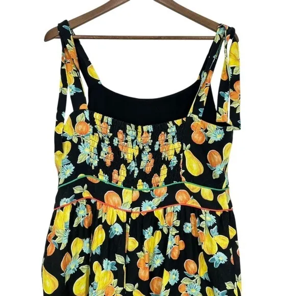 Adelyn Rae Black Fruit Floral Print Tiered Midi Dress Tie Shoulder Smocked NWT‎ - Image 2