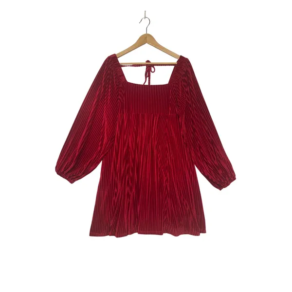 Red Pleated Velvet Mini Dress Square‎ Neck Lantern Sleeve Holiday Boho Party L - Image 2
